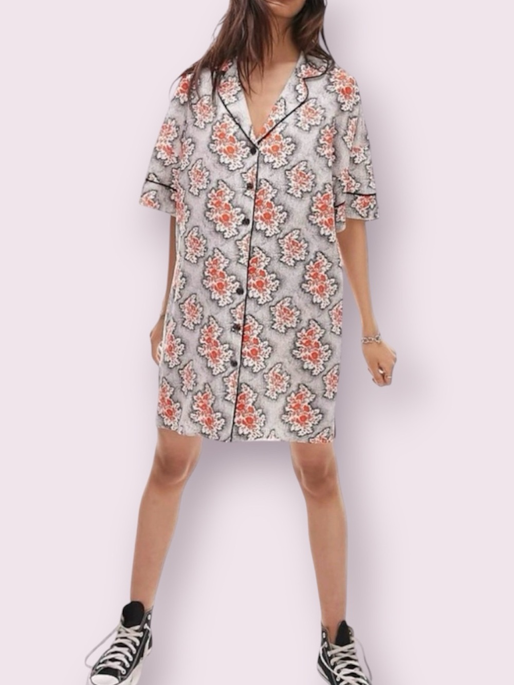 Topshop Souvenir Shirt Dress Black White Red Floral Linen Button Up Front Size 6